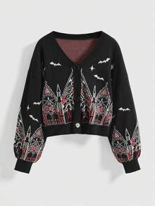 ROMWE Goth 哥特式城堡和教堂星月提花女式短款开衫 - 黑色 - 查看 1