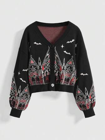Gothic Castle & Church Star Moon Jacquard Women Short Cardigan