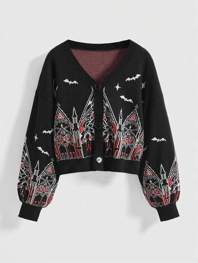 Gothic Castle & Church Star Moon Jacquard Women Short Cardigan