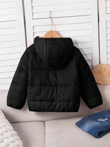 SHEIN 年轻女孩纯色休闲连帽拉链棉服外套 - 黑與白 - 查看 6