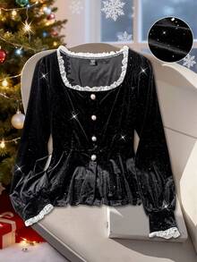 GlowEve CURVE Top elegante con ribete de encaje para mujer de talla grande - Blanco y Negro - Ver 3