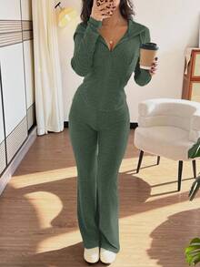 Rafferiza 2 件套女士休闲连帽运动衫，带口袋和罗纹喇叭裤，百搭秋冬装 - 綠色 - 查看 5