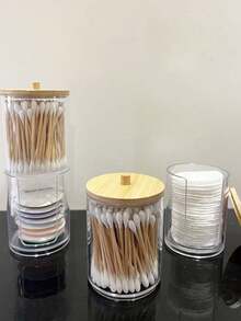 1pc Bamboo Lid Acrylic Portable Round Pad & Powder Puff Holder Box For Storage - Clear - View 3