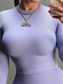 INAWLY Áo thun dệt kim gân trơn và quần legging cho mùa xuân và mùa thu, bộ đồ hai mảnh dành cho nữ - Màu tím - Xem 4