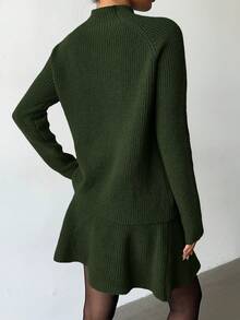 Elenzga Women Loose Casual Round Neck Textured Top And Pleated Skirt 2 Pieces Set - Army Green - View 2