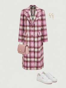 SHEIN MOD Women's Check Pattern Mid-Length Coat, Autumn/Winter Outerwear - Pink - View 1