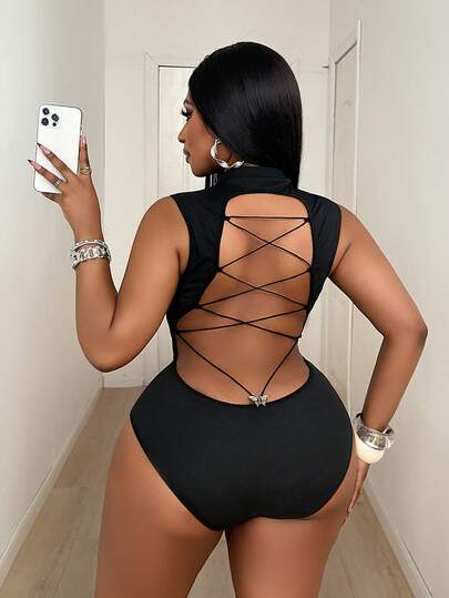 Maweii Sexy Backless Criss-Cross Strap Butterfly Metal Decor Plus Size Sleeveless BodysuitValentine's Day