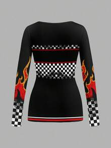 Attitoon 女士V领休闲运动赛车服火焰棋盘格撞色印花数字字母徽章简约修身长袖T恤，适合机场、复古、学院风、百搭、性感、可爱、Y2K、椰子女孩、波西米亚风、嬉皮风、音乐节、秋冬季等场合。 - 白色 - 查看 4