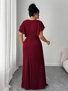 Elenzga 荷叶边袖、收腰、深V领修身连衣裙、酒红色、优雅精致 - 酒紅色 - 查看 2