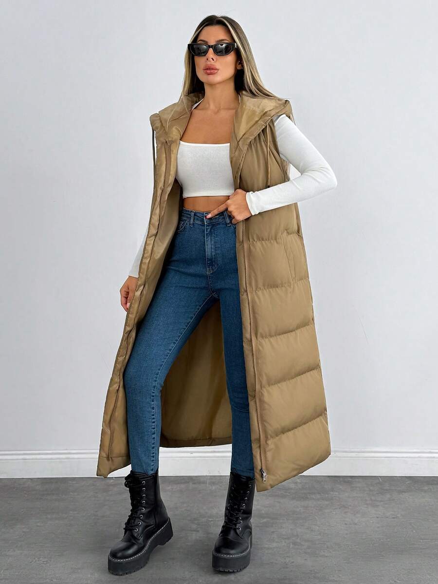 SHEIN Cottnline Áo khoác dài không tay có mũ trùm đầu, màu trơn, mùa đông - Màu nâu  Mocha - Xem 1