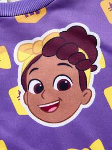 Blippi X SHEIN Young Girl Cute Bow & Cartoon Figure Graphic Round Neck Drop Shoulder Flutter Sleeve Purple Knit Sweatshirt Top Purple Kids Outfits Cute - Purple - View 5