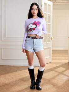 HELLO KITTY AND FRIENDS | SHEIN 女式可爱卡通图案圆领短款修身T恤，秋季 - 紫色 - 查看 3