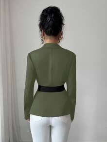 GlowEve 女士纯色腰带优雅长袖西装外套 - 橄欖綠 - 查看 2