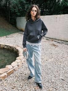 Airlisse Casual Elegant Commuter Daily Contrast Lace Sweatshirt, Autumn/Winter - Grey - View 4