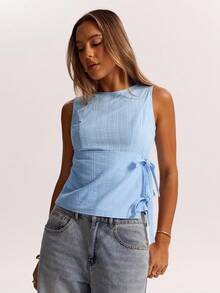 SHEIN BAE Áo thun nữ màu xanh trơn đơn giản, tối giản, thích hợp mặc đi làm, đi chơi, mặc nhiều dịp, mùa tựu trường, áo đi nghỉ, sân bay - Màu xanh lam - Xem 7