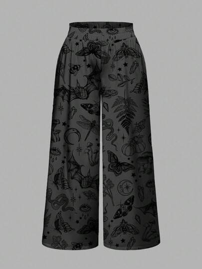 Goth Plus Size Gothic Mysterious Bat Wing, Sun, Moon, Dragonfly, Mushroom, Eye Print Loose Wide Leg Pants