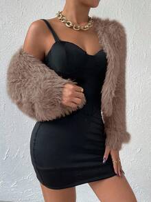 RosyDaze 女士纯色长袖蓬松短夹克，秋冬 - 咖啡棕 - 查看 3