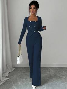 Elenzga 时尚女士纯色纹理两件套，包括长袖缺口领双排扣修身西装外套和高腰宽松直筒裤，优雅通勤风格，适合约会、通勤、秋冬 - 藏蓝色 - 查看 4