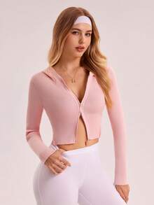 SHEIN Sovereign Charm 女式纯色前拉链短款修身长袖连帽针织开衫 - 淺粉色 - 查看 5