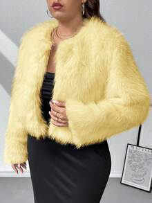 SHEIN Privé 秋冬大码女式仿皮草无领夹克 - 鵝黃色 - 查看 8