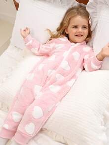 SHEIN Baby Girl Cute All-Over Heart Pattern Bow Decor Zipper Front Hooded Fleece Jumpsuit, Casual Everyday/Commute, Autumn/Winter - Baby Pink - View 4