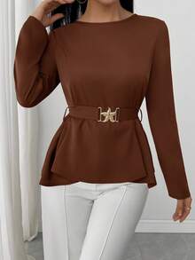 Xyvia 女士优雅衬衫，秋季金属亮片 3D 星星装饰长袖棕色上衣，舒适女士秋冬服装，日常通勤圆领荷叶边下摆秋冬 T 恤，前系带 - 咖啡棕 - 查看 1