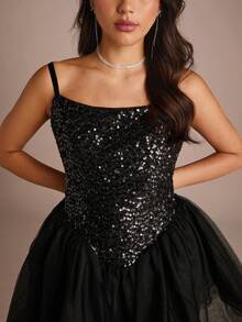 Enchnt 女式纯色拼接亮片网眼下摆优雅吊带裙 - 黑色 - 查看 6