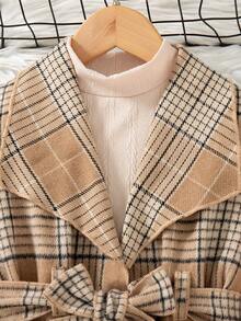 3 件套幼儿女童春秋新款提花针织仿针织高领长袖简约 T 恤、休闲打底裤、格子翻领长款背心夹克（配腰带）、百搭家居服和通勤装 - 卡其色 - 查看 8