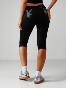 Missguided x Playboy Rhinestone Bunny Capri Leggings Mid Rise Stretch Festival Summer Casual - Black - View 1