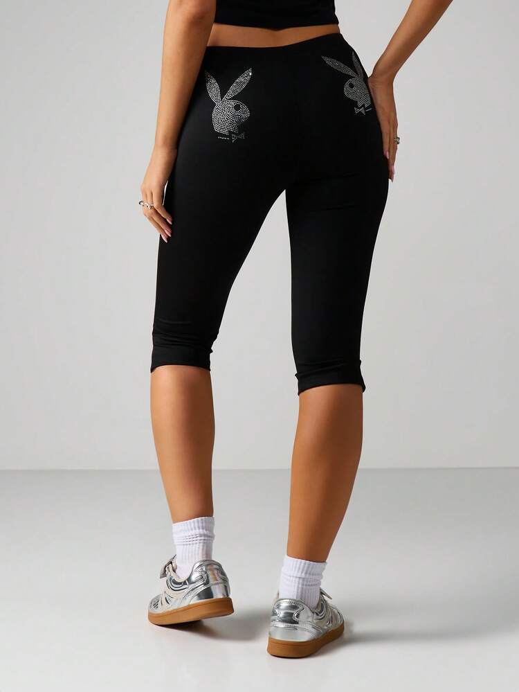 Missguided x Playboy Rhinestone Bunny Capri Leggings Mid Rise Stretch Festival Summer Casual