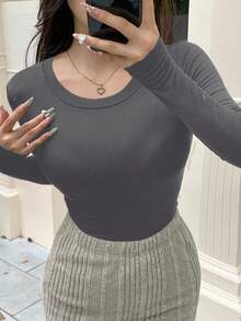 FRIFUL 女式纯色圆领长袖修身休闲T恤 - 深灰色 - 查看 2