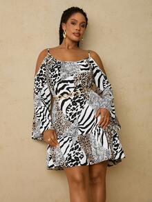 SHEIN VCAY Plus Size Women Leopard & Zebra Print Off Shoulder Flare Sleeve Fashion Dress Animal Print Plus Size Dress Tiger Print Plus Size Dress Cold Shoulder Dress - Beige - View 5