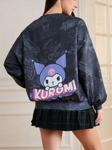 HELLO KITTY AND FRIENDS | SHEIN 女式休闲可爱卡通字母图案落肩宽松套头衫，春秋季 - 黑色 - 查看 1