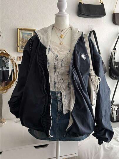 Lalippa Chaqueta casual regular con capucha con cremallera y manga larga para mujer