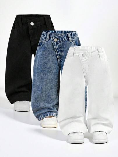 SHEIN Explorewe 3 件套女婴休闲波西米亚风格不对称松紧腰七分牛仔裤套装，带平口袋，日常 OOTD 时尚单品，百搭基本款牛仔裤，平价热销服装