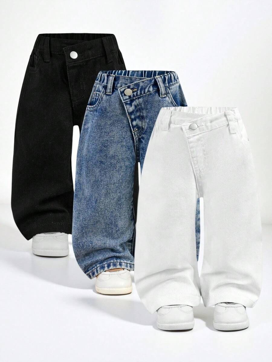 SHEIN Explorewe Conjunto de 3 piezas de jeans cortos con cintura elástica y bolsillos planos de estilo bohemio asimétrico para niñas bebés, artículo de moda diario OOTD, denim básico versátil, conjunto asequible y de gran - Multicolor - Ver 1
