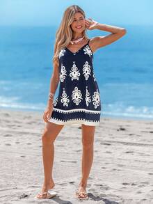 Sylviya Spring Women Outfits Retro Print Blue Sleeveless Mini Dress For Women,Summer Dresses For Women, Christmas