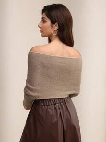 Modelyn 女式纯色露肩时尚长袖交叉毛衣，秋冬 - 杏色 - 查看 2