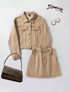 SHEIN 2pcs/Set Teen Y2k Girl Khaki Denim Cropped Jacket & Mini Skirt,Fall Clothes,Winter Clothes ,Street Wear,Back To School Clothes