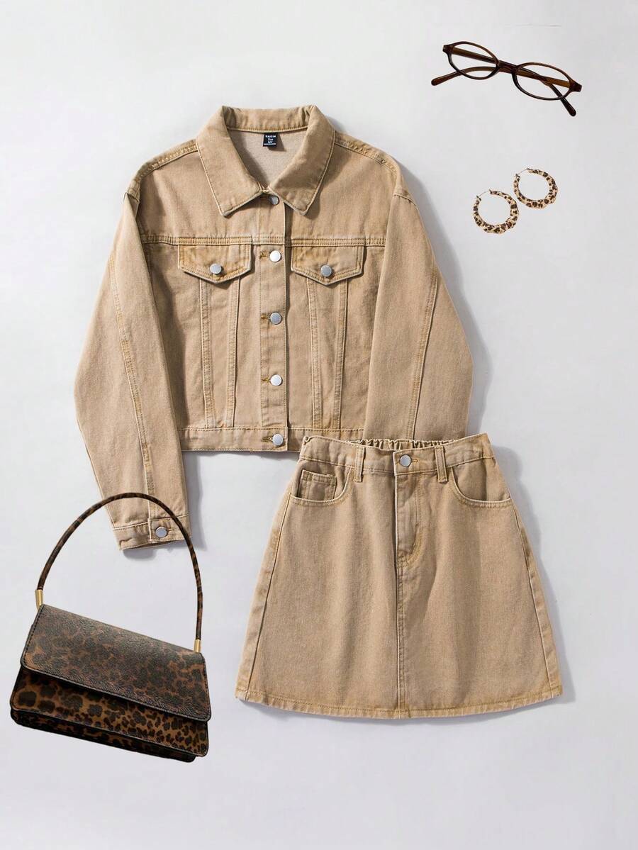 SHEIN 2pcs/Set Teen Y2k Girl Khaki Denim Cropped Jacket & Mini Skirt,Fall Clothes,Winter Clothes ,Street Wear,Back To School Clothes