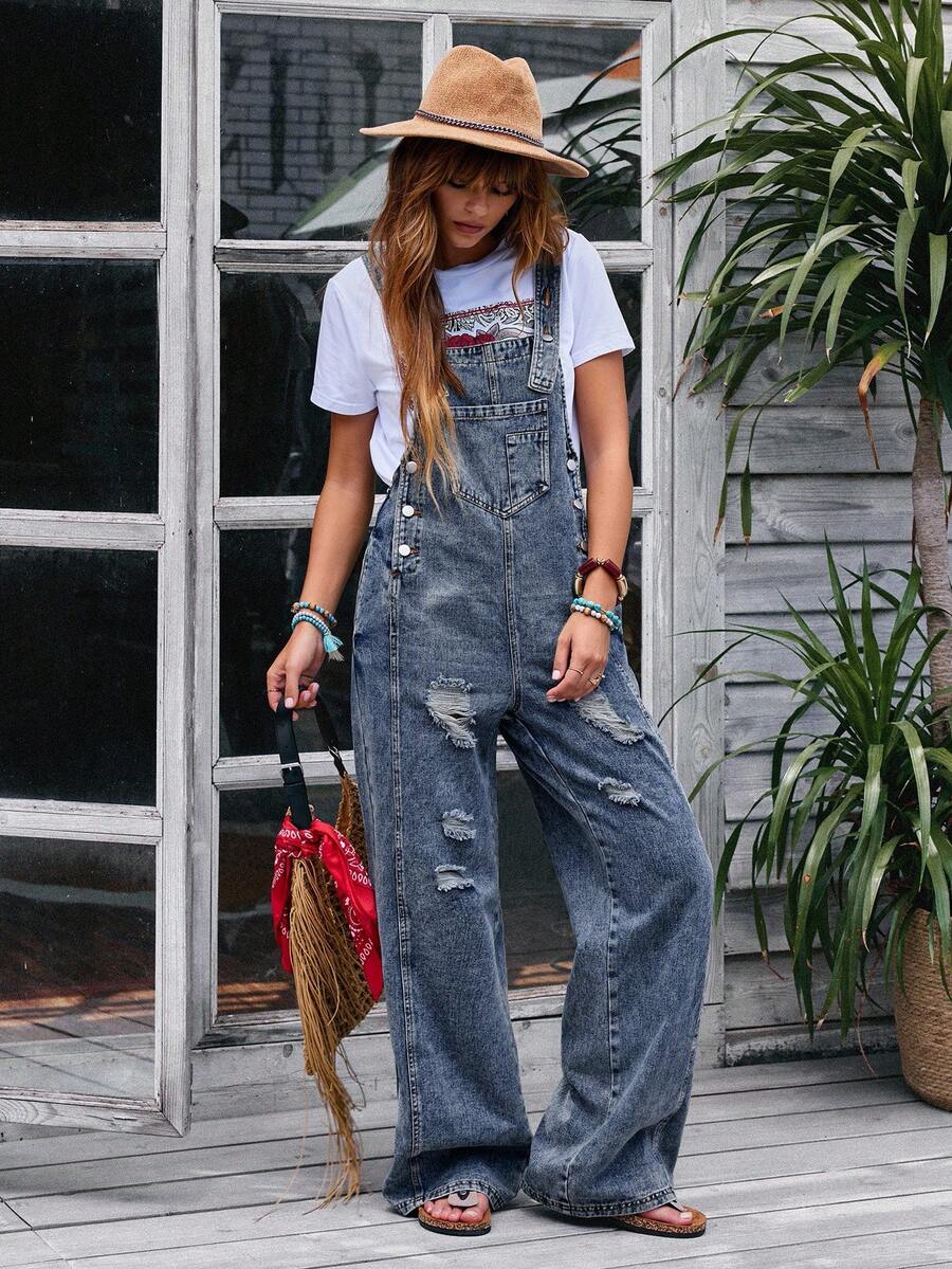 EMERY ROSE 女式休闲水洗做旧牛仔背带裤 - 藍色 - 查看 1