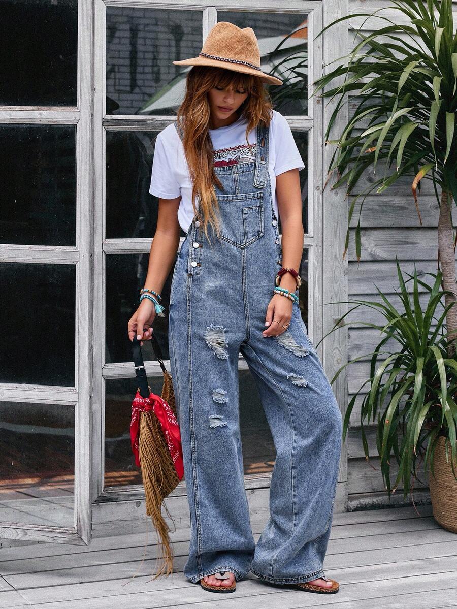 EMERY ROSE Women's Casual Washed Distressed Denim Bib Overalls - Blue - View 1