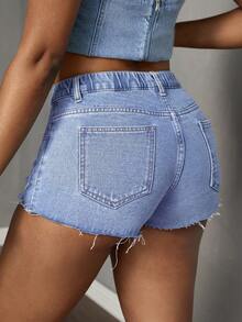 Slaydiva Quần short denim bó sát thường ngày có túi rách cho nữ cỡ lớn - Rửa nhẹ - Xem 3