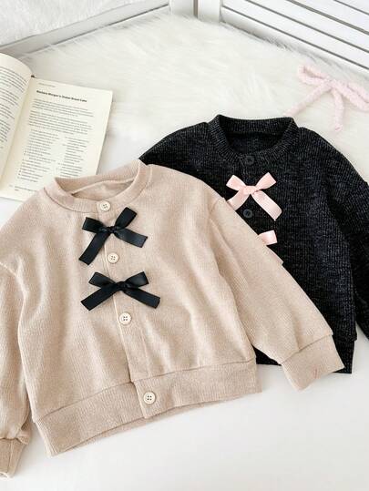 Genkimix Kids 2pcs Genkimix Girls Bow Decor Casual Fashion Round Neck Front Open Cardigan Jacket