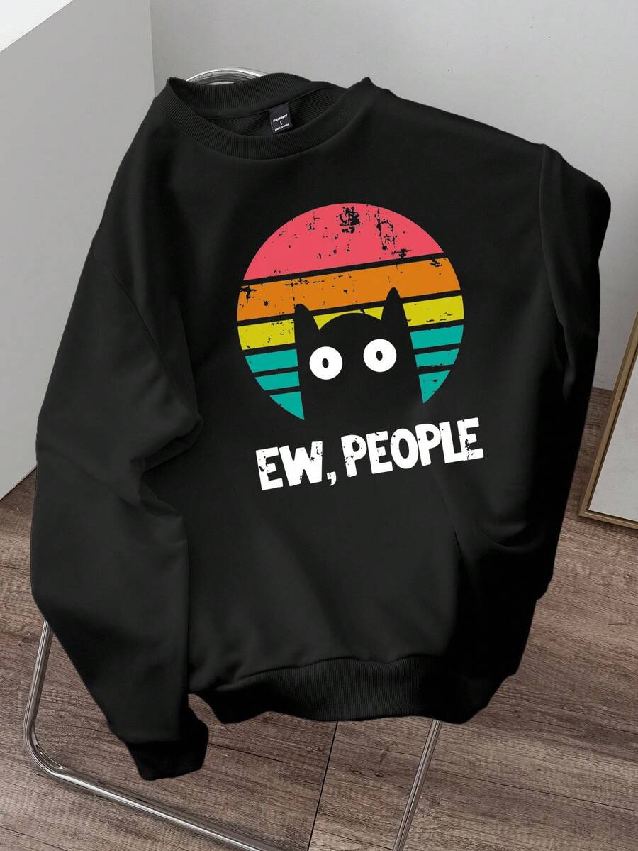 Daypath Retro American Multi-Color Gradient Black Cat Funny Meme Graphic Loose Fit Heavyweight Pullover Sweatshirt For Men - Black - View 1