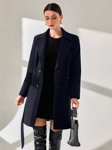 CLARA VERO Women Button And Belt Detailed Over Coat - Navy Blue - View 4