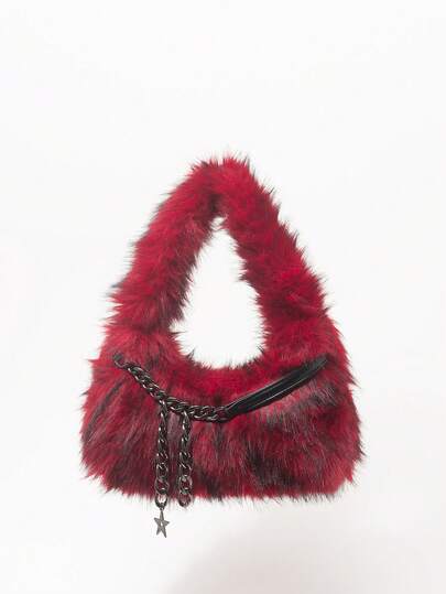 Grunge Punk 2000s Style Women Shoulder Bags,Punk  Rivet Biker Bags,Fur Purse ,Autumn & Winter Wallets, Hobo Handbag(Random Pattern)