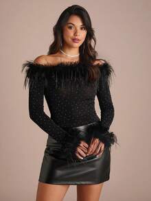 Enchnt Spring/Summer Romantic Women's Black Off Shoulder Rhinestone Embellished Top With Fuzzy Cuffs,Sweet&Elegant&Sexy For Party&Date&Holiday&Going Out - Black - View 7