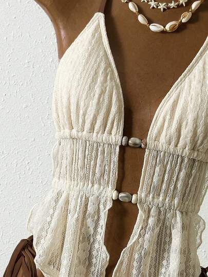 Bellisia Bellisia Women's Floral Lace Mesh Beaded Halter Neck Tankini Swimsuit Set With Contrast Color Drawstring Bottoms, Suitable For Spring/Summer Vacation Vintage Swimsuit Fringe Bathing Suit Boho Swimsuit Cream Halter Swimsuit Cream Bathing Suit