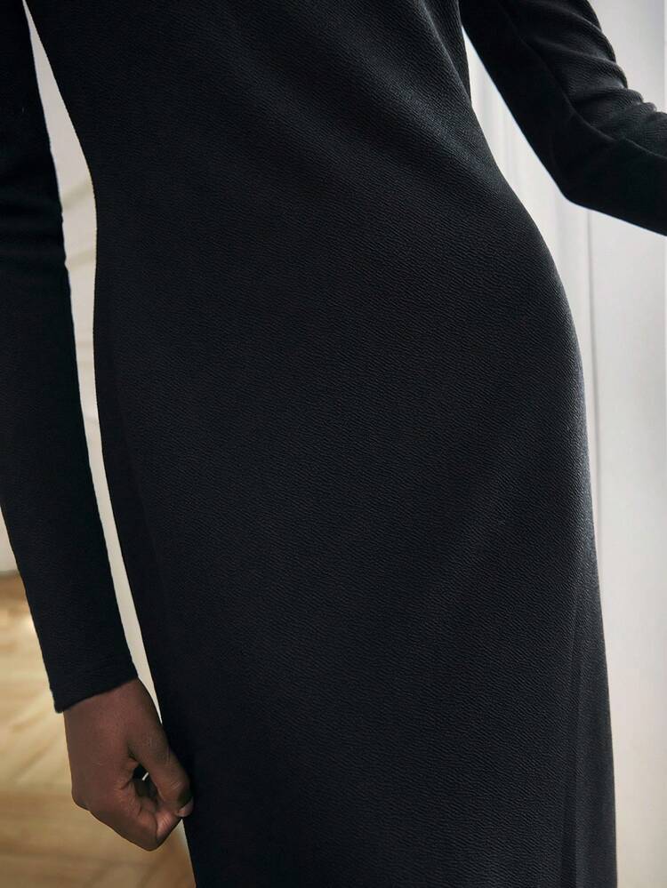 SHEIN Maija Women's Black Square Collar, Wide Neckline, Regular Shoulder, Long Sleeve, Waist-Cinched, Slim-Fit, H-Line, Back Slit For Easy Walking, Business Casual Dress, Office Wear, Low-Key Elegant, Urban Commute, Magazine Editor's Pick, Urban Social, Vacation, Party Outfit, Versatile, Flattering, Streetwear, Cafe Relaxed Style, Mid-Length Dress Christmas Women's Clothing
